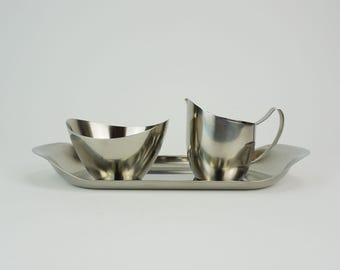 danish modern 3-piece SET sugar bowl creamer and tray stainless steel made in denmark