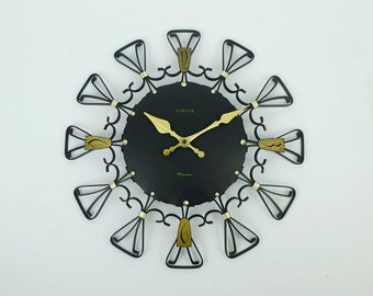 vintage mid century europa elomatic WALL CLOCK black metal brass 1960s