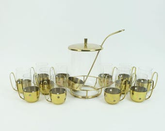 elegant mid century PUNCH bowl set with 12 glasses and centerpiece 1950s