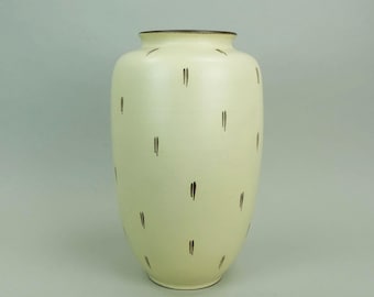 large mid century ceramic FLOOR VASE 1950s fritz van daalen, model no. 81/10A pastel yellow matte glaze brown dotted pattern