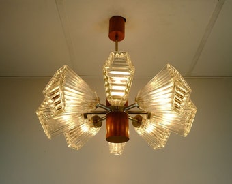 1960s temde 8-light PENDANT LAMP sputnik chandelier teak glass metal