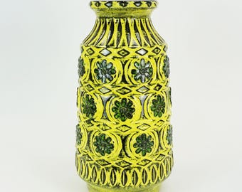 1960s bay keramik VASE relief flower decor green yellow black model 76 40 WGP