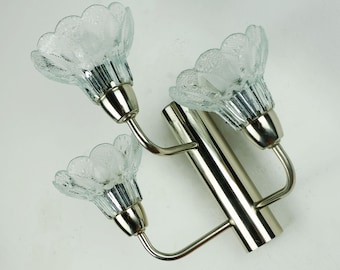 1970s 3-light SCONCE wall lamp glass blossom shades and chrome