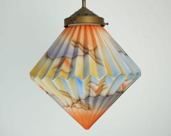 art déco glass PENDANT LIGHT airbrush spritzdekor pleated shape 1920s 30s avantgarde design