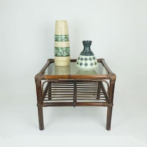 no 2 of 2: 1970s mid century SIDE TABLE coffee table bamboo wicker glass