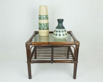 no 2 of 2: 1970s mid century SIDE TABLE coffee table bamboo wicker glass