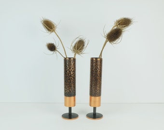 set of 2 mid century modern footed copper VASES brutalist minimalist design 1960s ikebana vase