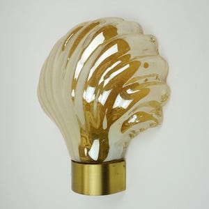 May include: A decorative wall sconce shaped like a seashell. The sconce is made of clear glass with gold accents and a brass base. The seashell design features a series of curved ridges, creating a textured surface. The sconce is designed to be mounted on a wall.