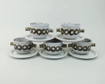 5 SOUP BOWLS with plates ceramano gala sepia esthetique tique gerda heuckeroth 1970s