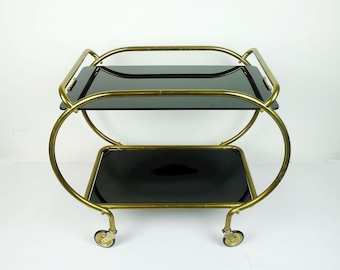mid century modern TROLLEY serving cart bar cart tea cart brass and black glass