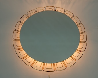 round mid century modern illuminated WALL MIRROR with brass frame 1960s 70s