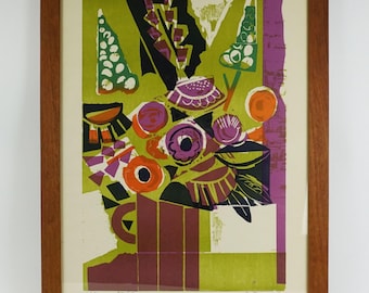 mid century color WOODCUT 'flowers"by heinz friedrich no. 10/60 framed signed h. friedrich 70