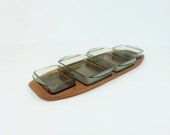 danish modern SERVING SET teak tray with glass bowls 1960s