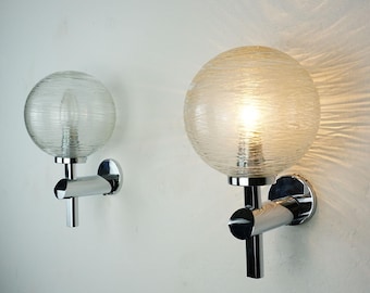 pair of elegant vintage WALL LIGHTS sconces structured glass and chrome 1970s 80s wall lamps
