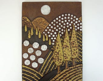 majolika karlsruhe large ceramic WALL PANEL landscape with cypress trees 1970s model no. 7854 dietmar liedke