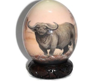 Hand Painted Buffalo Bull Decoupage on an authentic Ostrich Egg Shell. Unique African art Gifts for Home and office decor. Express Shipping
