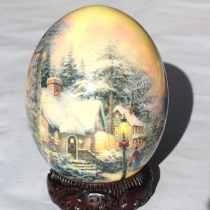 Christmas themed North Pole Ostrich Egg Decoupage and a Big 5 Carved Wood ring Stand. Ready to Ship Gifts.