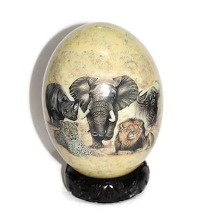 The African Big 5 Animals on a gold handpainted background.  Ostrich Egg Decoupage Artwork. Ready to Ship Express gifts. Only one in stock