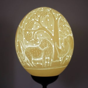 Ostrich Egg Fine Art African Big 5 animals carved Lampshade. Authentic shell with animals and tree cuttings Art. House warming/ office gifts