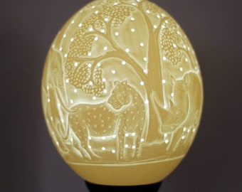 Ostrich Egg Fine Art African Big 5 animals carved Lampshade. Authentic shell with animals and tree cuttings Art. House warming/ office gifts