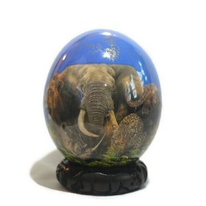 6&quot;×5&quot; Decoupage Ostrich Egg Big 5 African Art Painted. Dark blue Background Animal Print Home Decor. Unique Gifts Express Shipping Worldwide