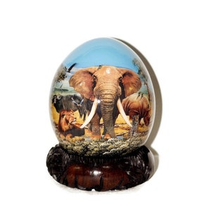 African Big Five Animals Decoupage Ostrich Egg shell. Day Blue Sky Safari Art gifts. Unique Ornament with carved wood stand. Ready to Ship