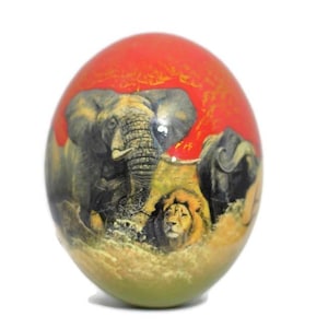 Decoupage Straußenei Big 5 Afrikanische Kunst Bemalt. Rot / Blauer Hintergrund Animal Print Home Decor. Express Versand Weltweit