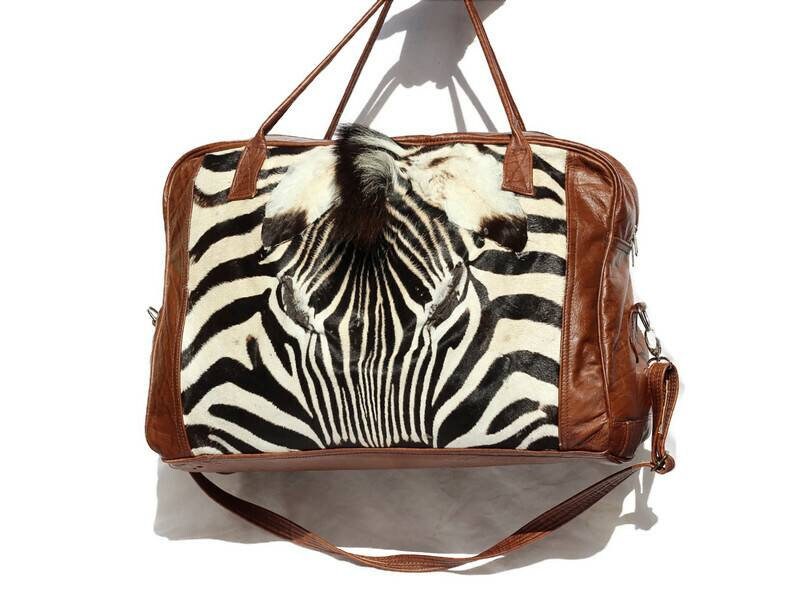 Premium Leather Burchell's zebra and Kudu Hide Large Duffel Black and  White fur with Mane and With adjustable shoulder Strap