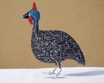 Beaded Guinea Fowl Sculpture, African Art Souvenir