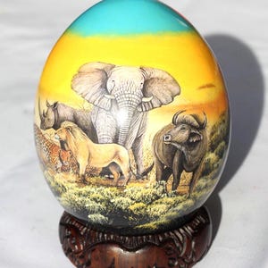Blue Decoupage African Big Five Animals on Authentic Ostrich Egg Shell wedding/ Christmas gifts. With wood bowl or ring stand, ready to Ship