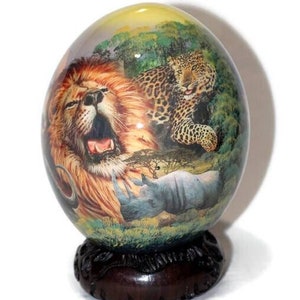 Decoupage Ostrich Egg African Big 5 Animals on a forest background. Unique Hand Painted and Print art Christmas Gifts, Ships Express