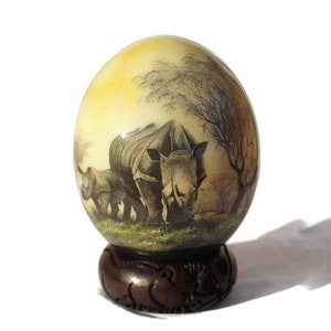 Grazing Rhino Family Decoupage on an authentic Ostrich Egg Shell. Unique African art Gifts for Home and office decor. Express Shipping