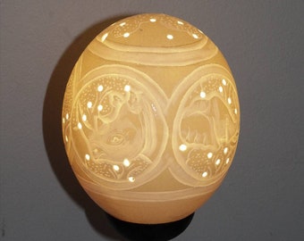Carved African Big Five heads Ostrich Egg lampshade. Lion, Cheetah, Rhino, Buffalo, Elephant heads in circles on Authentic Ostrich Egg Shell