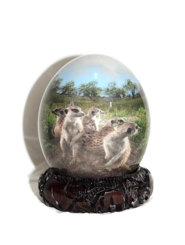 Meerkat Family Decoupage Art on Authentic Ostrich Eggshell