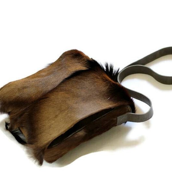 Premium Leather Antelope Hide Sling bag gift. Brown fur with brown back and Strap. Original color from a Rare South African Black Springbok.