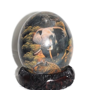 Decoupage Ostrich Egg African Big 5 Animals on a Night forest background. Unique Hand Painted and Print art housewarming Gifts, Ships Expres