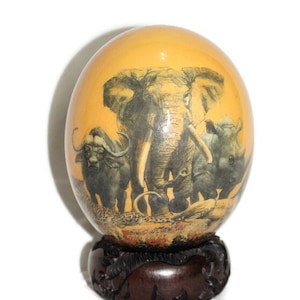 Orange Decoupage Ostrich Egg with African Big 5 Animals handpainted on a forest. Plus wood Stand Unique Safari art. Christmas Gifts