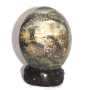Decoupage Ostrich Egg with African big 5 Animals, Antelopes, giraffes, Zebras. Unique print and painting Christmas Gifts, Ready to Ship