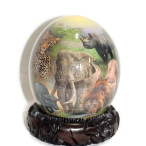 African Big Five Animals Decoupage Ostrich Egg shell. Daytime Safari Art gifts. Unique Ornament with carved wood ring stand. Ready to Ship