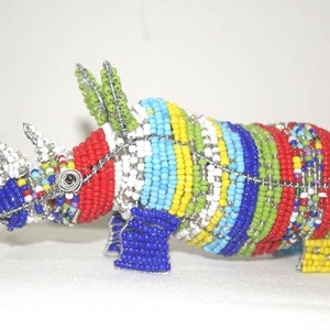 Mixed Colors beads and wire Rhino Sculpture. Unique African handmade animal figurines. 17cm x 8cm multi coloured Rhinoceros Art Decor.