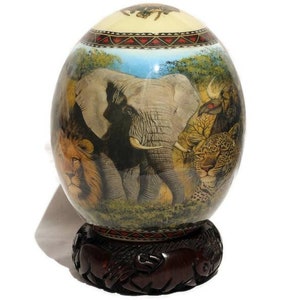 African Big Five Animals and Map Decoupage Ostrich Egg shell. Daylight Safari Art gifts. Unique Ornament with wood ring stand. Ships Express