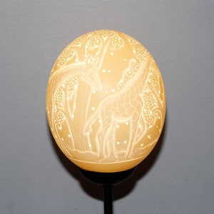 Carved Ostrich Egg lampshade with Giraffe from South Africa. HandCrafted African Artwork for home and office Decor. Ready to Ship Gifts.