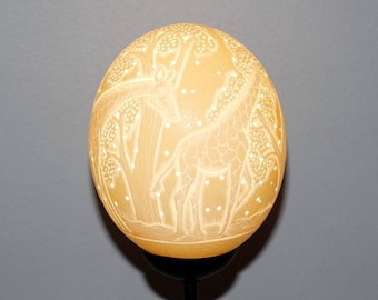 Carved Ostrich Egg lampshade with Giraffe from South Africa. HandCrafted African Artwork for home and office Decor. Ready to Ship Gifts.