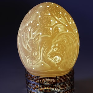 Ostrich Egg Fine Art African Big 5 animal Heads carved Lampshade. Authentic shell with animals and tree cuttings Art. office Christmas gifts