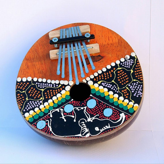 Kalimba Marimba, Mbira African Traditional Thumb Piano Music Instrument.  Well Polished Coconut Shell and Painted Wood With Seven Metal Keys 