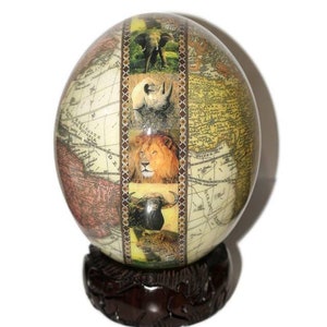 Decoupage Weltkarte mit 5 Big Tierköpfen auf einem extra Großen authentischen Straußenei. Einzigartige afrikanische Wohnkultur Geschenke. Schiffe-Express