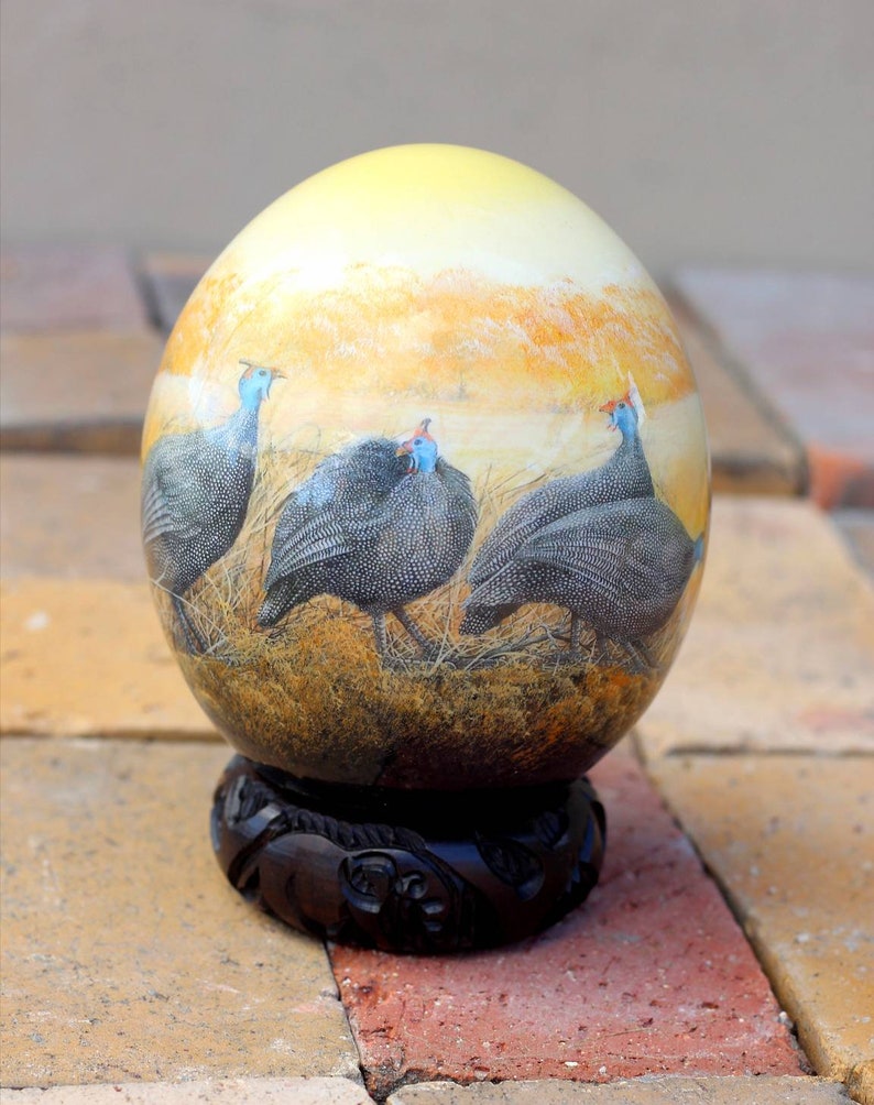 Decoupage Ostrich Egg With Guinea Fowls in a Forest. Black and Etsy