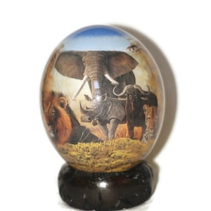Blue Sky Decoupage Ostrich Egg with African Big 5 Animals on a forest background. Hand Painted and Print art. Ready to ship Christmas Gifts