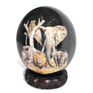 The African Big 5 Animals on a Black and bit of gold background, Ostrich Egg Decoupage Artwork. Ready to Ship housewarming/Wedding gifts