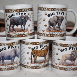 The African Big Five Home Decor Mini Coffee Mugs. The Famous Big 5 Animals with their descriptions, Express Shipping Worldwide. Unique Gifts